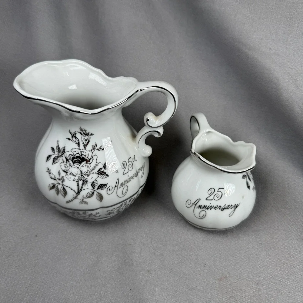 Napco 25th Anniversary Pitcher Set Unisex Small White Silver Vintage Rose AB-185